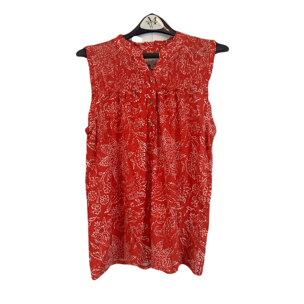 Wonderly Smocked Yoke Blouse Red Floral Paisley Cotton Modal M NWT